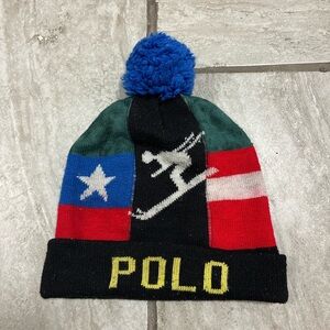 Polo by Ralph Lauren Multicolor Colorblock Suicide Skier Blue Pom Beanie OS